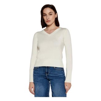 Guess Elastische Gebreide Trui met V-Hals - Dames - V-hals truien - Wit - L - Truien & Vesten