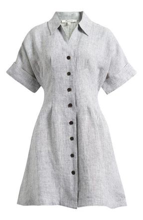 Madewell Pleated Linen Mini Shirtdress in Black White Mini Stripe at Nordstrom, Size Xx-Small