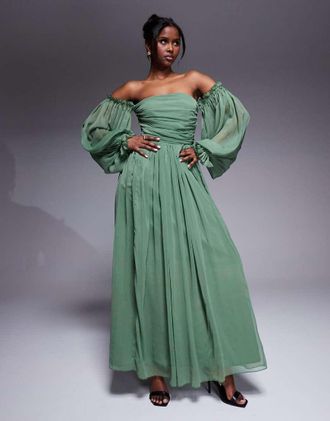 Lace & Beads Vestito lungo con maniche a palloncino oliva con spalle scoperte-Verde