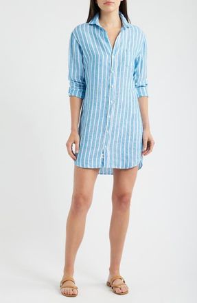 Frank & Eileen Mary Stripe Classic Long Sleeve Linen Shirtdress in Turquoise White Stripe at Nordstrom, Size Xx-Small