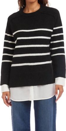 Karen Kane Layered Stripe Crewneck Sweater In Black And White