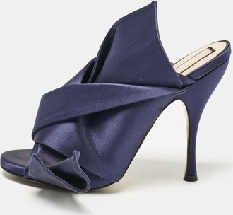 N&deg;21 N21 Navy Blue Satin Raso Knot Peep Toe Mules