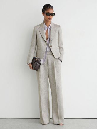Reiss Neutral Herringbone Linen-blend Cropped Suit Blazer, 18