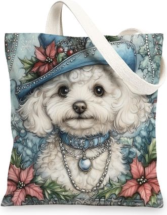 Generic Vintage Christmas Bichon Frise Dog Canvas Tote Bag for Shopping 13x15, Retro Xmas Puppy Reusable Grocery Print Pattern Bag for Women Men, Pet Aestheti