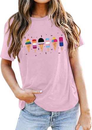 Generic Pride Shirts for Women LGBTQ Subtle Pride Crew Neck T-Shirts Rainbow Lesbian Tee Tops