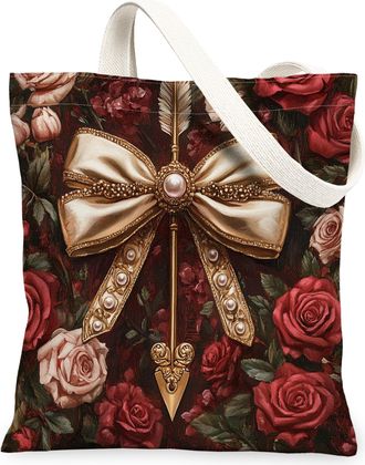 Generic Vintage Floral Canvas Tote Bags, Elegant Rose Design Reusable Grocery Bags, Classic Retro Lightweight Washable Shoulder Strap Canvas for Travel Shoppi