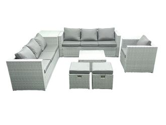 Fimous Wicker PE Rattan Sofa Garden Furniture Set with Armchair Square Coffee Table 2 Small Footstools Side Table Light Grey Mixed