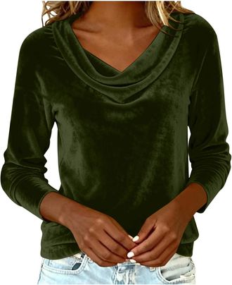 Generic Velvet Tops for Women UK Cowl Neck Long Sleeve Shirts and Blouses Elegant Smart Ladies Basic Velour Spring Tops (Green,Size 12-14)