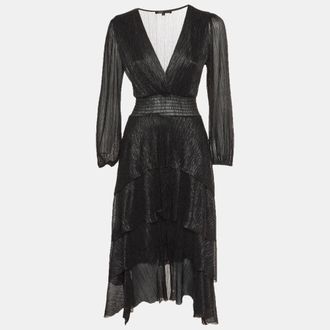 Maje Black Metallic Asymmetric Tiered Midi Dress