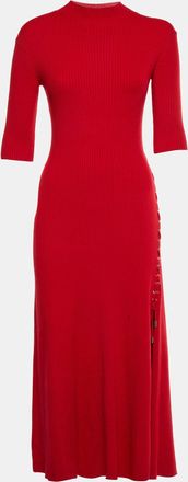 Maje Red Rib Knit Lace Detail Midi Dress