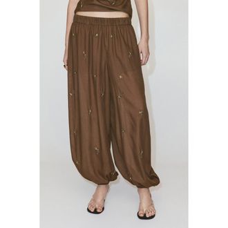 Mango Beaded Embroidered Balloon Pants in Brown at Nordstrom, Size Medium