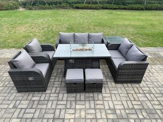 Fimous 9 Seater PE Wicker Outdoor Rattan Garden Furniture Set Propane Gas Fire Pit Table & Sofa Chair set with Side Table 2 Footstools in Dark Grey