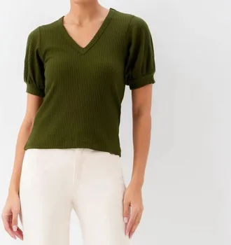 Karen Kane Ribbed Short Sleeve Top In Olive