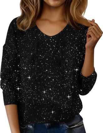 Generic Sparkly Tops for Women UK, Sequin Print 3/4 Sleeve Blouse, Crewneck Pullover Glitter Knitted Sweater Spring Plus Size Undershirt Loose Classic Jumpers