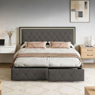 OEM Cama Doble 140x190 Cm - Pocketpop - Cabecera Ajustable En Altura - Iluminaci&oacute;n Led - 4 Cajones De Almacenamiento
