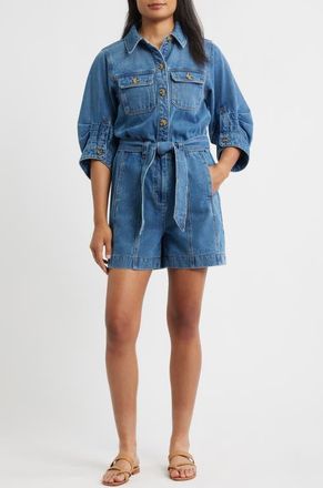 Wit & Wisdom Barrel Sleeve Tie Waist Denim Romper in Mid Blue at Nordstrom, Size X-Large