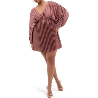 City Chic Chloe Pleated Long Sleeve Satin Minidress in Pink Blush at Nordstrom Rack, Size M/18W