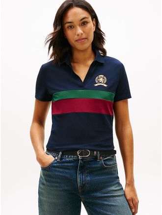Tommy Hilfiger Womens Block Stripe Crest Stretch Pique Polo - Navy - XXL