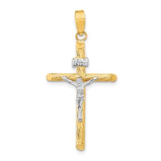 Diamond2Deal 14k Yellow Gold White Rhod Polished Textured INRI Crucifix Cross Pendant