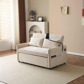 Merax 2-Seater Pull-Out Sofa Bed with Adjustable Phone Holder & USB Ports in Beige