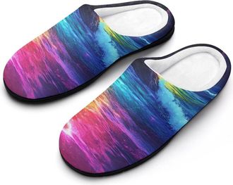 Generic Beach Colorful Waves Mens House Slippers Memory Foam Washable Cotton Slip on Home Shoes