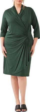 Karen Kane Three Quarter Sleeve Jersey Cascade Faux Wrap Dress in Forest Green at Nordstrom, Size 3X