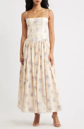 House of CB Ysabella Floral Stretch Cotton Maxi Sundress in Ivory Sweet Peony at Nordstrom, Size X-Large