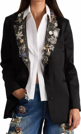 Alice & Olivia Elna Embellished Long Blazer In Black