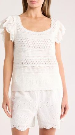 Nicole Miller Square Neck Crochet Sweater in Brilliant White at Nordstrom Rack, Size X-Large