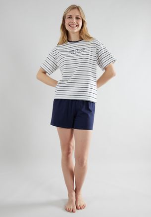 Tom Tailor Shorty TOM TAILOR Zaria, Damen, Gr. 46 (XXXL), blau, Single Jersey, Obermaterial: 95% Baumwolle, 5% Elasthan, bequem kurz, Rundhals, Homewear-Sets Sho