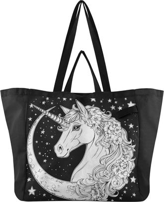 Generic Black Unicorn Stars print Reusable Canvas Tote Bag, Heavy Duty Grocery Shopping Bag with Double Handles Large Capacity Hard Bottom Work Groceries Trav
