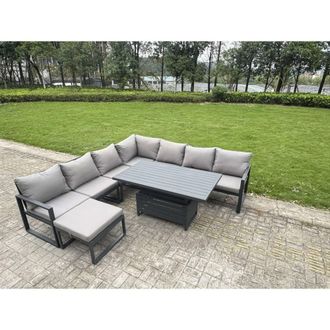 Fimous Aluminum 7 Piece 8-Seater Sofa Set with Rising Table & Cushions in Dark Grey