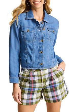 Tommy Bahama Fray Hem Chambray Crop Jacket in Med Indigo Wash at Nordstrom, Size X-Small