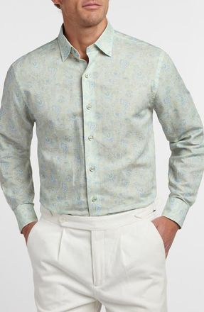 David Donahue Paisley Long Sleeve Linen & Pima Cotton Button-Up Shirt in Dune/Multi at Nordstrom, Size Xx-Large