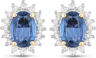 Diana M. Jewels Blue Sapphire Oval 7x5mm - 2Pcs + White Diamond F/C Round 1.30mm( I1-I2/I color ) - 32Pcs ( White Pen Rhodium ) ( Push (PBF03) (5.10x4.70mm) Post )