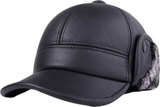 ICEGREY Mens Leather Winter Faux Fur Earflap Trapper Hunting Hat Military Army Cap with Ear Flaps Warmer Quilted Thick Lined XXL 60-61cm, Black