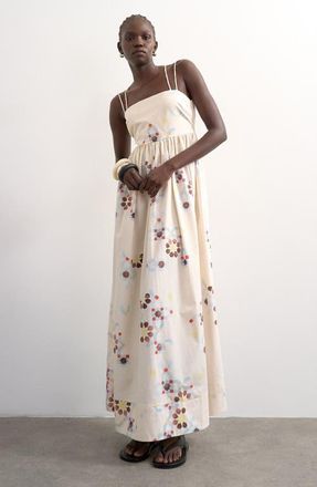 Topshop Strappy Open Back Cotton Poplin Dress in Beige at Nordstrom, Size 14