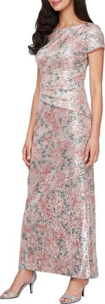 Alex Evenings Rose Print Sequin Gown in Blush Multi at Nordstrom, Size 18
