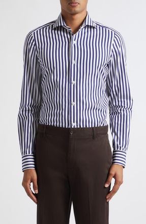 Isaia Rigato Stripe Poplin Button-Up Shirt in White/navy at Nordstrom, Size 44