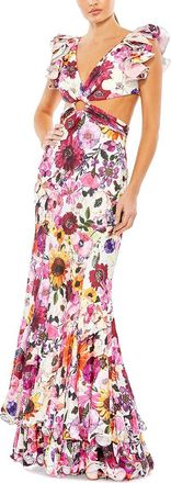 Mac Duggal Floral Print Ruffle Shoulder Cutt Out Gown
