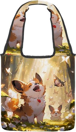 Generic Cute corgi Puppy Reversible Canvas Shoulder Tote - Double-Sided Print, 12oz Cotton, 27cm Drop, Fold-Flat Bag for Travel, Shopping, Street Outings