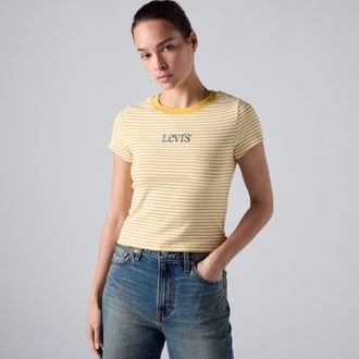 Levi's Graphic Essential Baby Tee - Womens - XS - Yellow / Stripe Club Logo Spicy Mustard Stripe