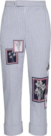 Thom Browne striped floral-patch pants - men - Polyester/Cotton/Cupro - 2 - Blue
