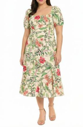 London Times Floral Short Sleeve Linen Blend Midi Dress in Cream/Pink at Nordstrom Rack, Size 14W