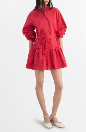 Mango Embroidered Long Sleeve Cotton Shirtdress in Strawberry at Nordstrom, Size 8