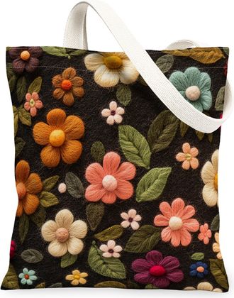 Generic Spring Lmpatiens Flower Canvas Tote Bag for Shopping 13x15, Knitting Theme Florals Reusable Grocery Print Bag for Women, Fun Vintage Beach Aesthetic P