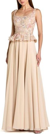Mac Duggal Petite Embroidered Peplum Top With Chiffon Skirt Gown in Champagne at Nordstrom, Size 6