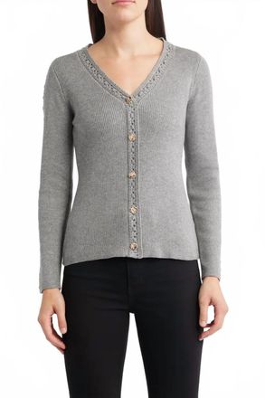 ZOE AND CLAIRE V-Neck Button Up Sweater In Grey