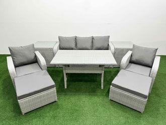 Fimous PE Rattan Garden Furniture Set Reclining Chair Sofa Lounge Sofa Set Rectangular Dining Table 2 Side Table 2 Big Footstool Light Grey