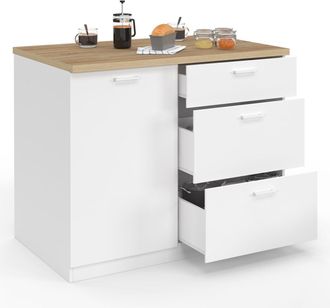IDMarket Isola Centrale Tibo 110 Cm Con Cassettiera In Legno Bianco A 3 Cassetti E Piano Di Lavoro Effetto Faggio